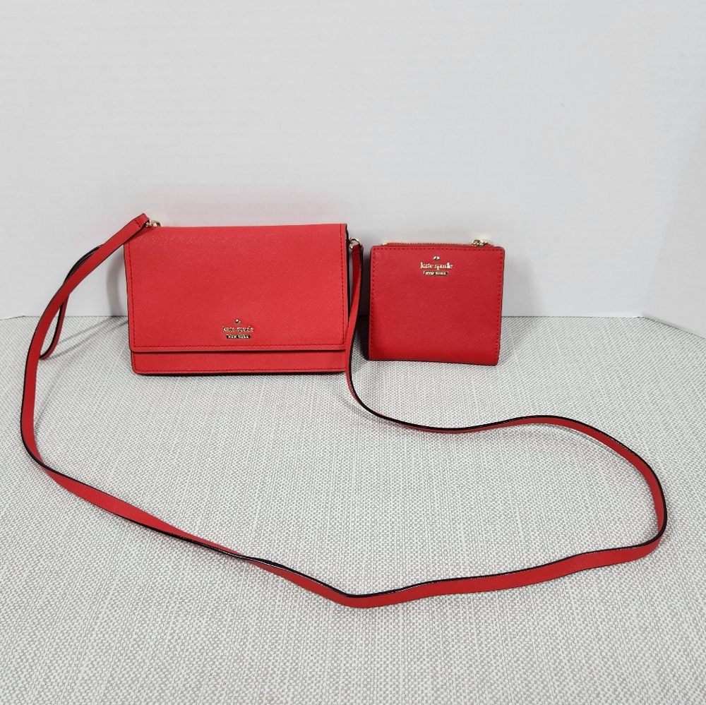 Kate Spade Cameron Street Red Leather Crossbody Wristlet Bag And Wallet Bundle
